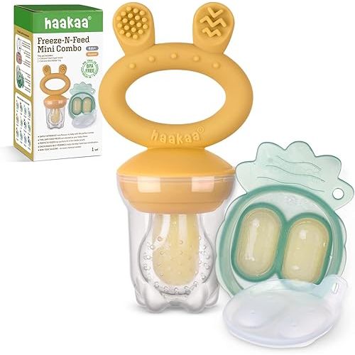 Haakaa Baby Fruit Food Feeder & Mini Freezer Nibble Tray Combo, Breastmilk Popsicle Molds for Baby Cooling Relief, BPA Free Silicone Feeder for Safe Infant Self Feeding, 4 Month+ (Mustard)