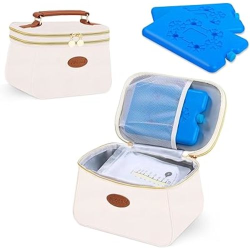 PIIOSER Breast Milk Cooler Bag with 2 Ice Pack, Fit 6 Breastmilk Storage Bags Up to 8Oz, Insulated Baby Bottles Tote Bag for Daycare and Breastfeeding Mom, Black(Cream-XS)