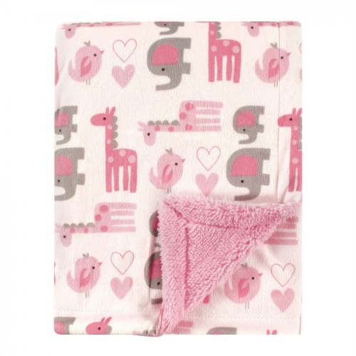 Luvable Friends Baby Girl Plush Blanket with Faux Shearling Back, Girl Safari, One Size
