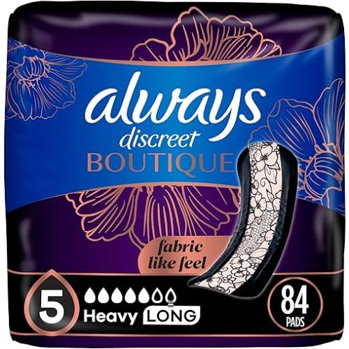 Always Discreet Boutique Adult Incontinence & Postpartum Pads For Women, Size 5, Heavy Absorbency, Regular Length, 28 Count x 3 Packs (84 Count total) (Packaging May Vary)