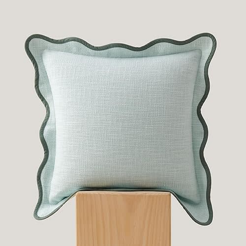 Double Stitch Scalloped Throw Pillow Covers - 100% Cotton Decorative Boho Pillow Covers 20 x 20, Made in India, Square Cushion Case, Modern Home Decor for Couch Sofa Living Room, Misty Blue