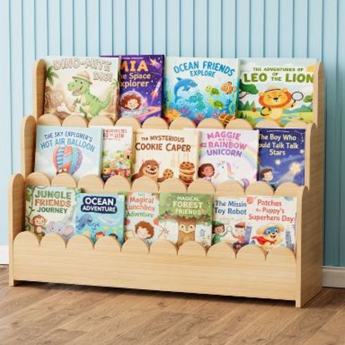 SpaceAid 3-Tier Scalloped Wooden Bookshelf – Montessori-Style Book Display for Kids’ Rooms, Playrooms & Classrooms, Natural Finish