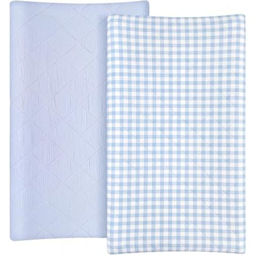Frienda 2 Pack Blue Gingham Changing Pad Covers Waterproof Muslin Changing Pad Covers 32 x 16 Inch Coquette Quilted Cotton Fitted Diaper Sheet Breathable Extra Thick Sheets for Baby Boys