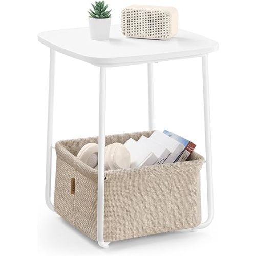 VASAGLE End Table, Side Table with Fabric Basket, Modern Nightstand, Square Bedside Table, for Living Room, Bedroom, Matte White and Camel Brown ULET229W10