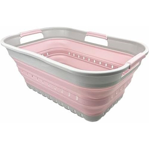 SAMMART 21L (5.5 gallon) Super Mini Collapsible 3 Handled Plastic Basket - Foldable Pop Up Storage Container/Organizer - Space Saving Hamper/Basket (Grey/Pale Pink)