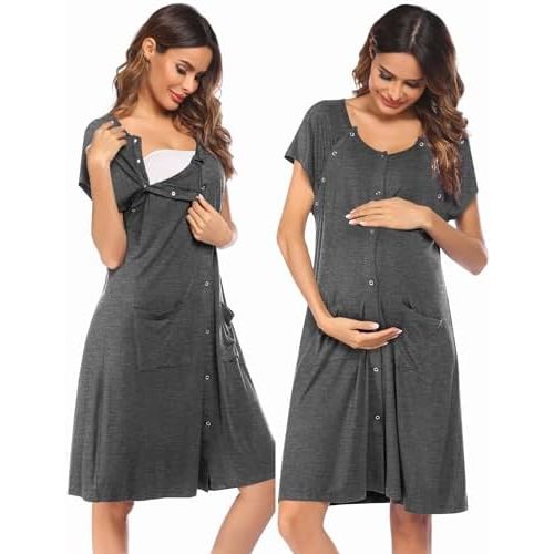 Ekouaer 3 in 1 Labor/Delivery/Hospital Gown Nursing Dress Maternity Nightgown Sleepwear for Breastfeeding with Button S-XXL