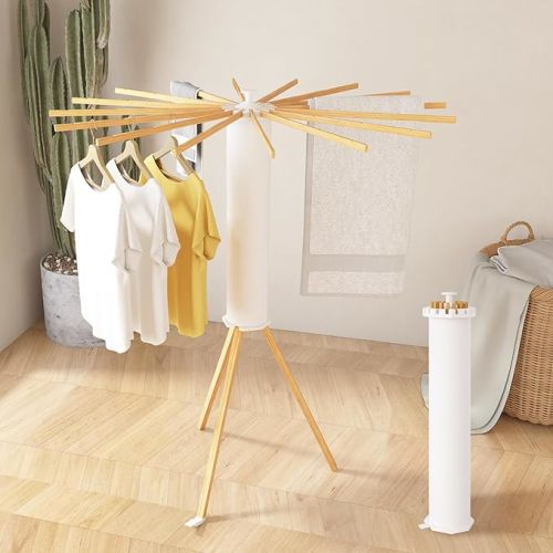 Foldable Tripod Clothes Drying Rack - Space Saving Design with 16 Expandable Drying Rods, Wooden Octopus Clothing Stand for Home, Balcony and Bedroom Use - Wooden-single Layer
