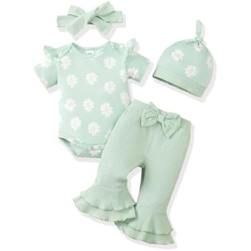 Renotemy Newborn Baby Girl Clothes Infant Romper Spring Summer Outfits Gifts Bell Bottoms Pant Sets for Girls Preemie-12Month