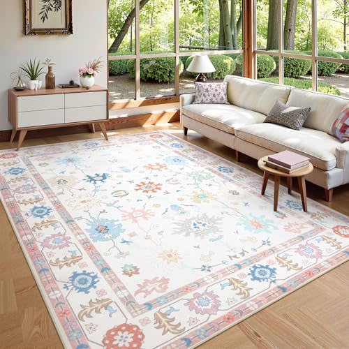 LIVEBOX Washable Oushak Rug 8x10 Large Cream Colorful Boho Rugs for Living Room, Soft Vintage Bedroom Rug Ultra-Thin Turkish Floral Carpet Stain Resistant Rugs for Dining Room Guest Room Home Decor
