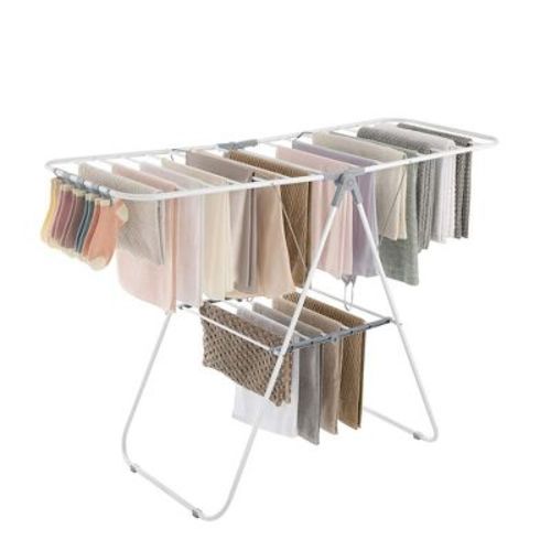 SONGMICS Foldable Clothes Drying Rack with Sock Clips Laundry Drying Rack with Height-Adjustable Gullwings White and Gray