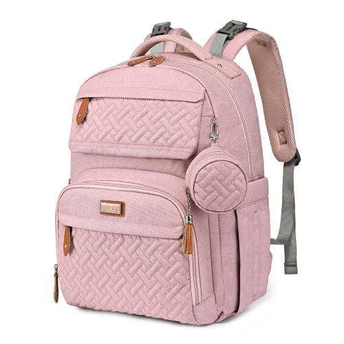 BabbleRoo Diaper Bag Backpack, Travel Backpack with Changing Pad, Pacifier Case & Stroller Straps, Multifunction, Waterproof, Unisex – Pink