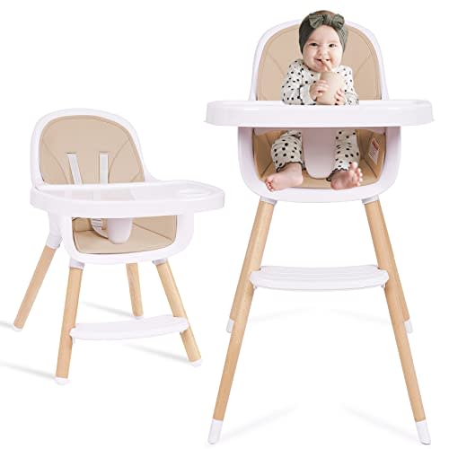 Convertible Baby High Chair, 3-in-1 Wooden Highchair/Toddler Chair with Removable Tray, Feeding & Dining Chair with 5-Point Harness, PU Cushion, Footrest for Babies & Toddlers, Khaki
