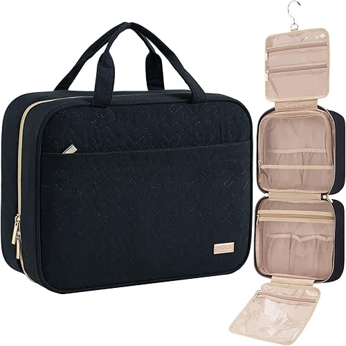 NISHEL Travel Toiletry Bag, Portable Hanging Organizer for Full-Sized Shampoo, Conditioner, Brushes Set, Large Size, Black