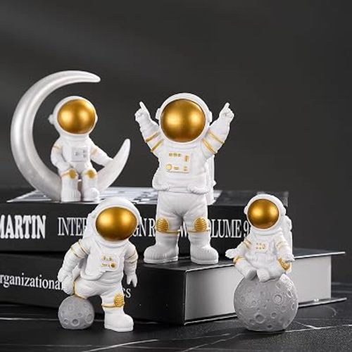 Gold Astronaut Figurines Statues Set of 4, Spaceman Space Theme Decor for Shelves Desk Nursery Cake Toppers Gifts