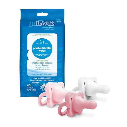 Dr. Brown's HappyPaci 100% Silicone Pacifier 0-6m, BPA Free, White, Pink, Light Pink, 3 Pack and Pacifier and Bottle Wipes, 40 Count