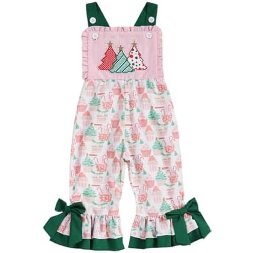 Amiblvowa Toddler Baby Girl Christmas Outfit Tree Embroidery Sleeveless Overalls Suspender Jumpsuit Romper Flare Bell Pants