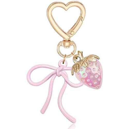 LAEKOU Cute Strawberry Bag Charms Keychain with Bow, Kawaii Women Key Chain Accessories for Purse Backpack Handbag