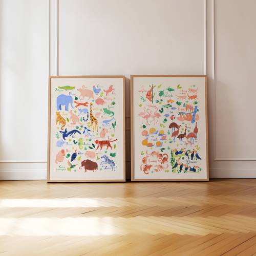 Set of 2 Alphabet and Number Animal Posters for Children's Nursery. Bright ABC Alphabet Animals + 123 Numbers Print