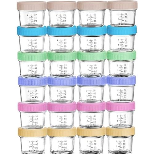 Glass Baby Food Storage Jars w/Lids (4 oz, 24 Pack Set) Snack, Puree, Reusable Small Containers, Breast Milk, Fridge or Freezer, Microwave & Dishwasher Safe, Essential Must Have for Infants