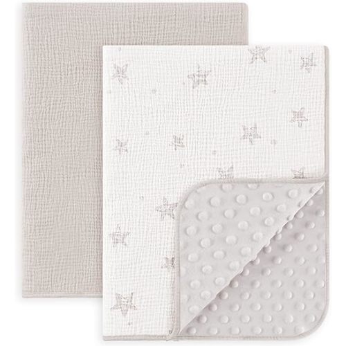 Baby Blanket, 2 Pack Soft Fluffy Crib Blankets with Muslin Cotton Front and Dotted Fleece Back, Beige Star&Grey