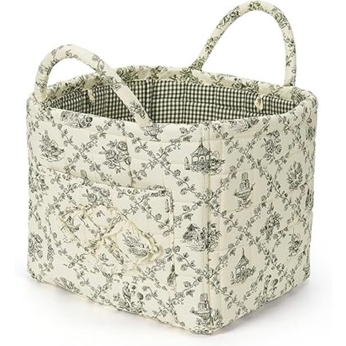 Floral Fabric Storage Basket Car Interior Storage Basket Underwear Sundries Laundry Baskets Supplies Home Organizer Bag (Green)