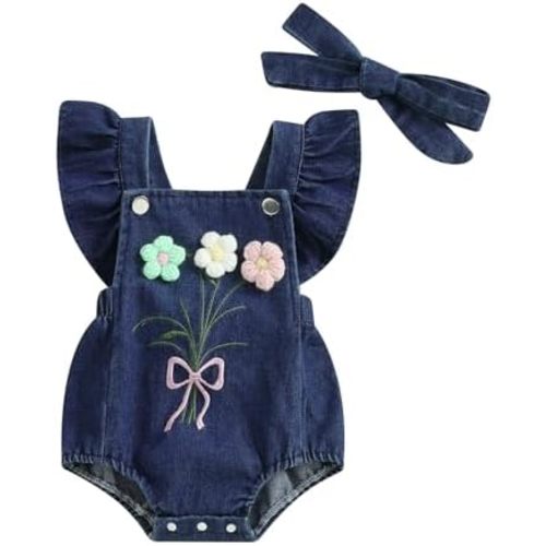 Baby Girl Summer Clothes Floral Fly Sleeve Newborn Bubble Romper Cute Knit Flower Jeans Bodysuit Spring Outfits