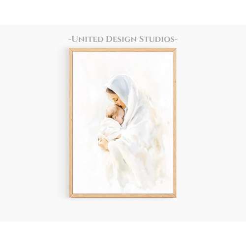 Virgin Mary Holding Baby Jesus Printable Christian Artwork, Modern Christian Art Digital Download, Christian Artwork, Jesus Loves You