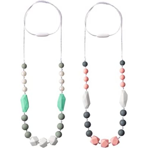 6sisc 2PCS Baby Teething Necklace for Mom to Wear, Babies Nursing Necklaces Teether Toys Sensory Jewelry for Kids Adults Baby Shower Birthday Christmas New Year Gift (Pink, Green White)
