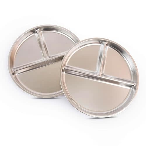 Stainless Steel Portion Control Plate | 3 compartment plates | Divided Plates for Adults Kids | Bariatric and Diabetic Diet Food Portion Plate | 2 pack - 9"x 9" Size
