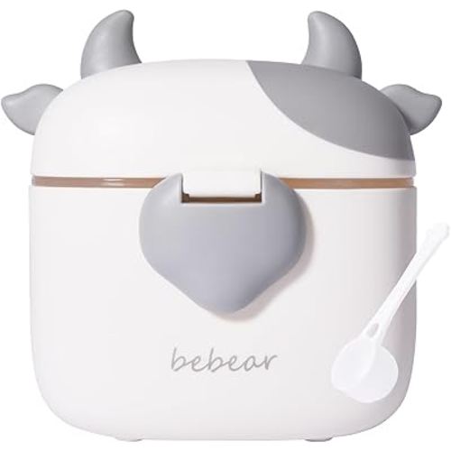 Bebamour Baby Formula Dispenser On The Go, Formula Container to Go, Formula Holder for Travel, Candy Fruit Snack Storage Container with Scoop and Leveller (Grey Cow)
