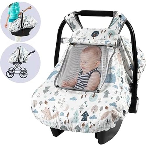 SMTTW Baby Car Seat Cover - Universal Fit, Snug, Breathable, Canopy for Boys/Girls, Ideal for All Seasons (White Bear)