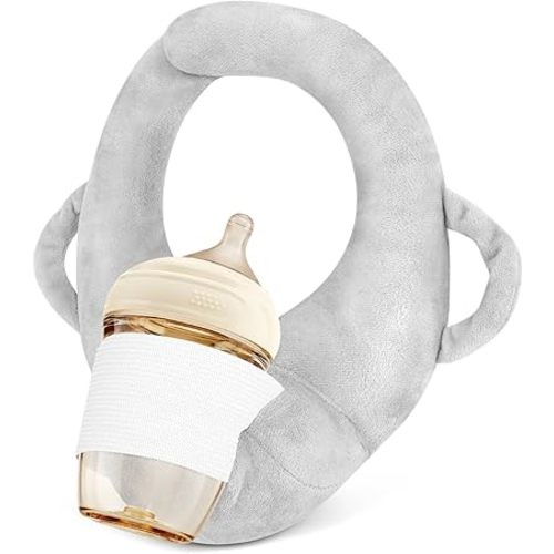 Bottle Holder for Baby Self Feeding,Portable Baby Bottle Holder Hands Free,Adjustable Breastfeeding Pillows Support with Side Handles,Newborn Essentials,Machine Washable(Grey)
