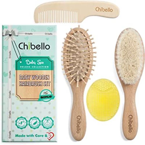 Chibello 4 Piece Wooden Baby Hair Brush and Comb Set Natural Goat Bristles Hair Brush for Cradle Cap Treatment Wood Bristle Brush for Newborns and Toddlers Best Baby Shower and Registry Gift