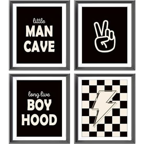 Little Man Cave Retro Preppy Checkered Lightning Peace Sign Long Live Boyhood Poster Prints for Boy Teen Room Dorm Decor,Preppy Decorations Prints Wall Art Unframed 4pcs 8x10inches,Teen Boys Gifts