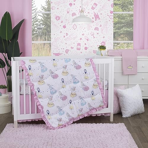 Disney Little Princess Stars & Hearts Cinderella, Snow White, Belle & Aurora 6Piece Nursery Crib Bedding Set, Pink, Blue, Yellow, White