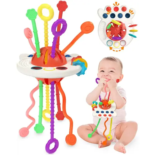 Yetonamr Baby Sensory Montessori Toys for 6-12-18 Months, Pull String Silicone Teething Toy, Toddler Birthday Gift Travel Toy for 1 2 Year Old Boy Girl Infant 8 9 10 Months Old