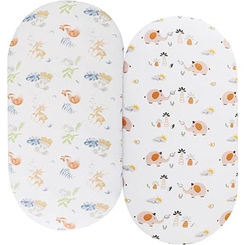 Bassinet Sheets Compatible with Baby Delight Beside Me Dreamer Bassinet, 2 Pack, 100% Jersey Knit Cotton 190GSM, Ultra Soft Breathable, Fox Deer and Elephant