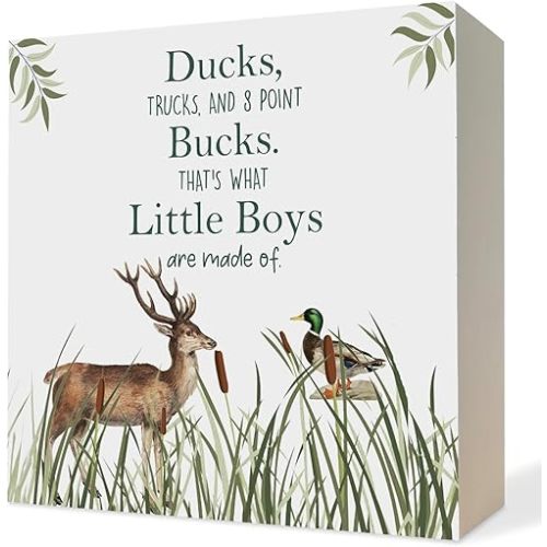 ATBWGT Farmhouse Hunting Boy Nursery Wooden Box Sign, Hunting Decor for Boys Room,Wild Mallard Duck Deer Wood Block Plaque Signs for Toddler Kids Nursery Playroom Desk Table Shelf Decor, 5x5 Inch