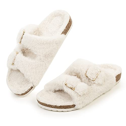 FITORY Womens Open Toe Slipper with Cozy Lining,Faux Rabbit Fur Cork Slide Sandals Size 6-11