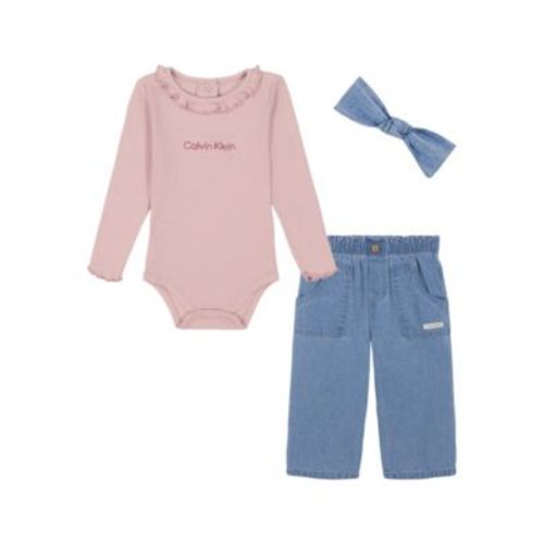 Baby Girl Ribbed Logo Long Sleeve Bodysuit Denim Pull-Up Pants and Headband Set