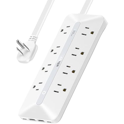 Anker Flat Plug Power Strip, 12-in-1 USB-C Power Strip with 8 AC, 2 USB-C, and 2 USB-A Ports, 5 feet Extension Cord, Slim Desk Charging Station, 900J Surge Protection, 35W Max for Home, Office, Dorm