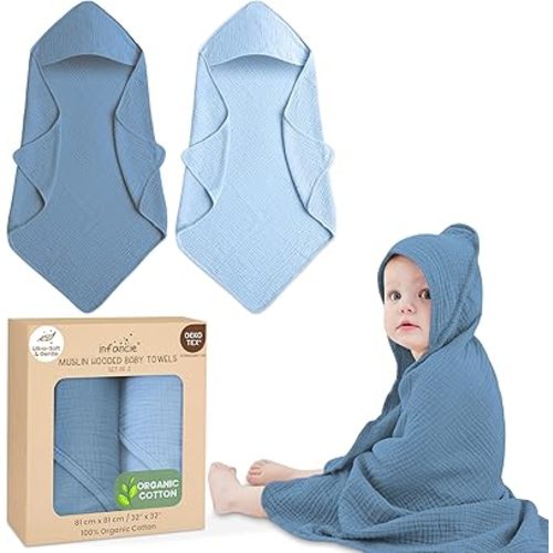 Organic Cotton Muslin Baby Hooded Towels - 32x32 Inch, 2 Pack Newborn Bath Towels for Boys & Girls, Soft & Absorbent Bath Set (Deep Blue/Aquarius)