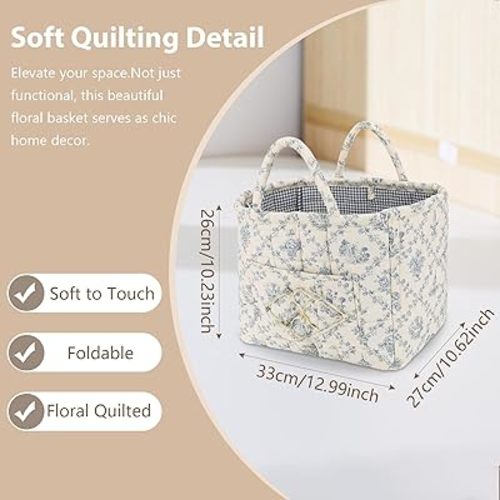 Storage Basket Boho Fabric Large Collapsible Floral Laundry Nursery Hamper Portable Folding Storage for Clothes Toys (Vine-Blue A)