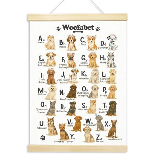 Voxitura Cute Dog Alphabet Poster Hanger Frame, Nursery Floral Puppy Wall Decor Art Canvas for Playroom Kids Toddler Room Classroom, Rustic ABC Prints for Wall Hanging Decor Banner 12x16in