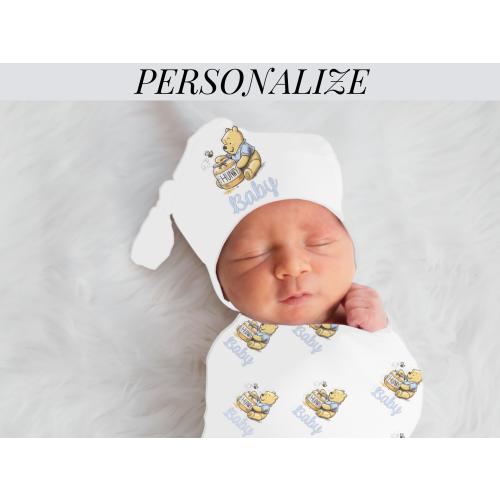 Baby Gift Set Personalized Winnie the Pooh Baby Blanket Custom Name Baby Gift Boy Baby Shower Gift Set Blue Hat Blanket Gifting Idea