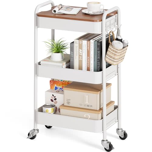 TOOLF 3-Tier Rolling Cart, Metal Utility Cart with Detachable Tray Top, Storage Craft Art Cart Trolley Organizer Easy Assembly for Bathroom, Living Room, Office, Kitchen, Classroom, White