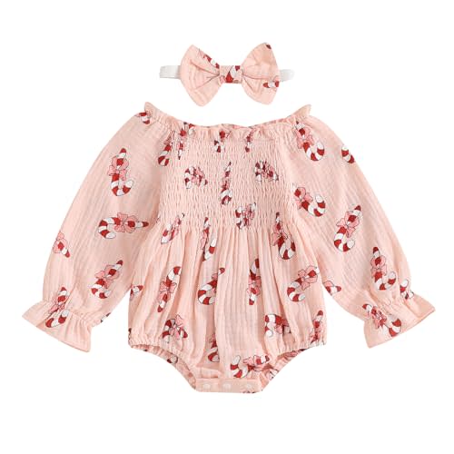 Aiwpstoin Infant Baby Girl Christmas Outfit Smocked Bubble Romper Cute Printed Long Sleeve Cotton Linen Bodysuit Headband