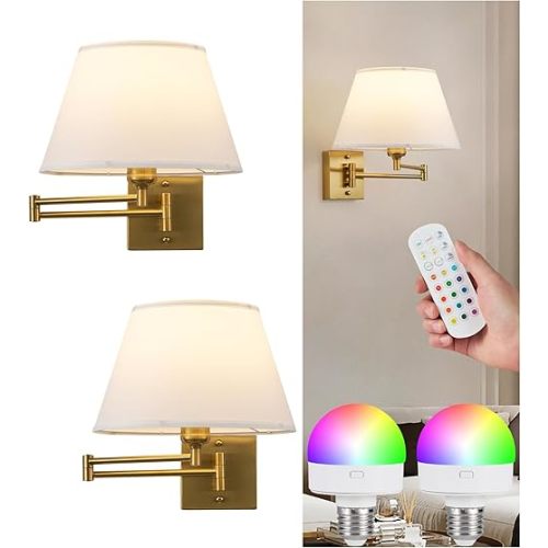 Wireless Wall Sconce Set of 2, Battery Operated Light Bulb & Remote Control, Swing Arm Wall Light with Rechargeable Bulb, Adjustable Color Light, Dimmable, Large Beige Fabric Shade, Bronze