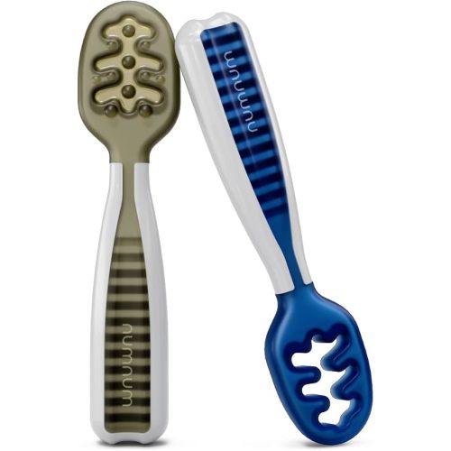 NumNum Baby Spoons Set, Baby Essentials Pre-Spoon GOOtensils for 6+ Months, First Stage Self-Feeding Spoons for Baby Led Weaning (BLW), Silicone Toddler Utensils, BPA-Free, 2 Pack Blue/Orange