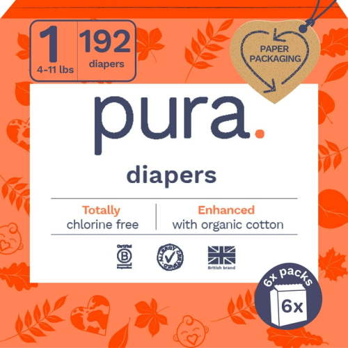 Pura Sensitive Soft Sustainable Baby Diapers Size 1, 192 Count (Choose Your Size and Count)